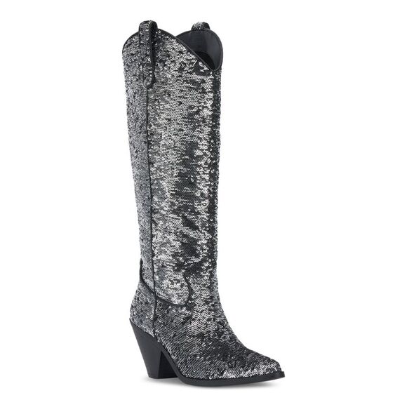 INC Shoes - INC Womens Silver Sequined Ipiriah Round Toe Stacked Heel Western Boot 5 M